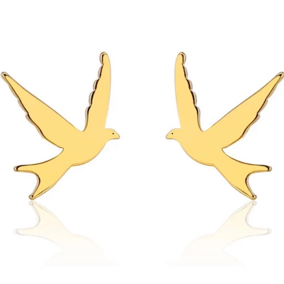 FLYING Birds Steel Stud Minimalist Earrings GOLD With Gift Bag - Picture 1 of 5